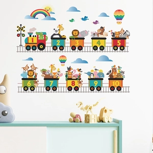 Cartoon animal train wall stickers with numbers 1-10 for kids bedroom and nursery decor