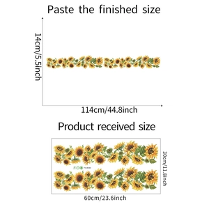Detailed size chart for sunflower wall decals showing sheet and finished display dimensions