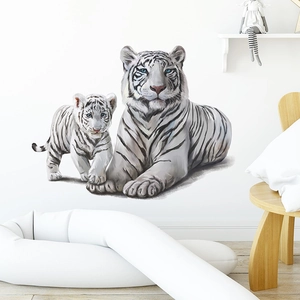 Realistisch Weißer Tiger Mutter Und Junges Wandtattoo Abnehmbare PVC Selbstklebende Kunst Aufkleber Für Kinderzimmer Deko