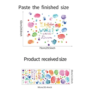 Detail view of colorful handprint wall stickers with size dimensions and layout guide
