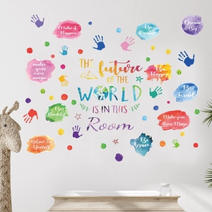 Rainbow watercolor handprint wall decals with inspirational quotes for kids bedroom