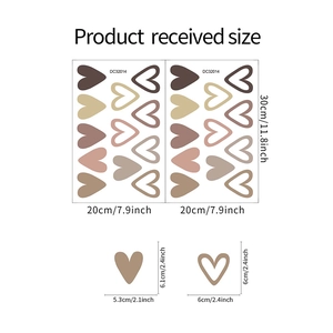 Detail showing Morandi earth tone heart wall decals with dimension markings