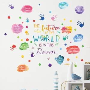 Colorful watercolor handprint wall stickers with 'The future of the world is in this room'