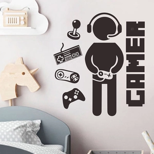 Sticker mural gamer en vinyle noir avec manette et casque pour chambre d'enfant