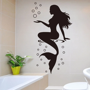 Waterproof black mermaid silhouette wall decal with bubble stickers for bathroom decor
