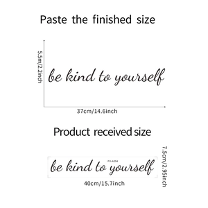 Detailed size chart for Be Kind To Yourself self-adhesive wall sticker in black cursive script