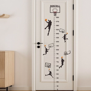 Basketball player height chart wall decal for kids room featuring dunking silhouettes