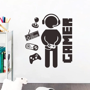 Stickers muraux gamer noirs avec silhouette de casque et icônes de manette de jeu