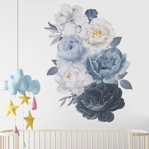 Adesivi murali con peonie blu dipinte a mano per decorazione camera dei bambini