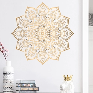 Golden mandala wall sticker with symmetric geometric pattern for modern home decor