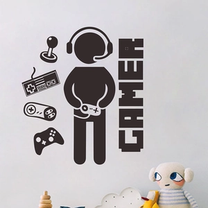 Sticker mural Gamer noir mat avec silhouette de joueur et manettes pour chambre d'enfant