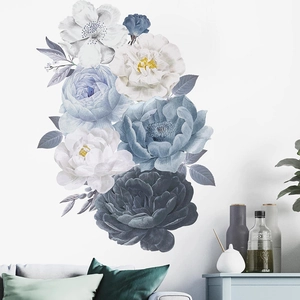 Adesivi murali con peonie romantiche blu e bianche per decorazione parete del soggiorno
