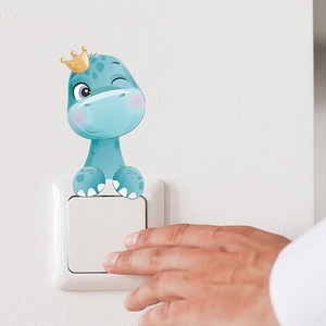 Cute blue dinosaur wall sticker with golden crown for kids bedroom switch decoration