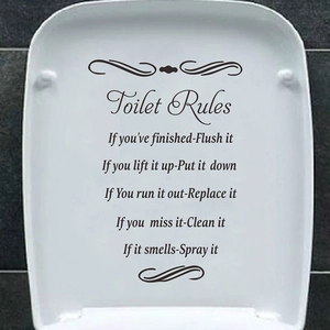 Self-adhesive black Toilet Rules wall sticker featuring English humor quotes for bathroom decor