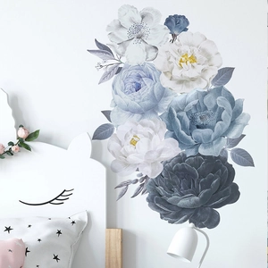 Adesivi Murali Romantici Fiori di Peonia Blu Bianco PVC Autoadesivo Decalcomanie Floreali Rimovibili Per Camera Bambini