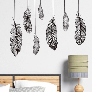 Adesivi murali classici con piume nere in stile boho per soggiorno e camera da letto