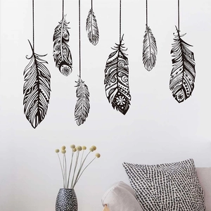 Set di 7 adesivi murali a forma di piuma nera boho con motivi mandala per pareti