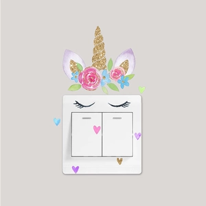Unicorn wall decal set with glitter horn, floral ears, eyelashes and colorful hearts
