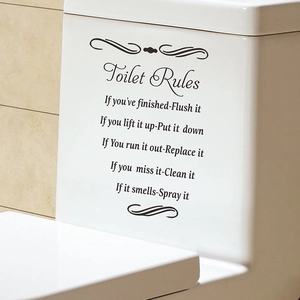 Waterproof vinyl Toilet Rules wall sticker for bathroom decor on white ceramic toilet