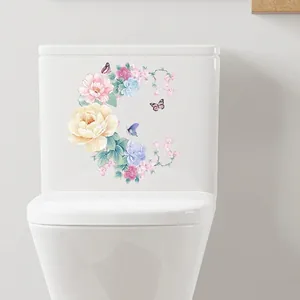Self-adhesive floral toilet wall sticker featuring pink peonies and colorful butterflies
