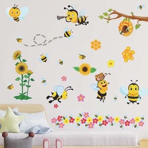 Stickers muraux abeilles cartoon avec tournesols et ruche pour chambre d'enfant