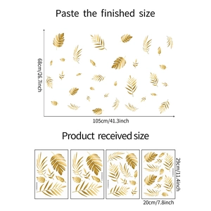 Golden leaf wall stickers set of 4 pieces with detailed dimensions and layout reference