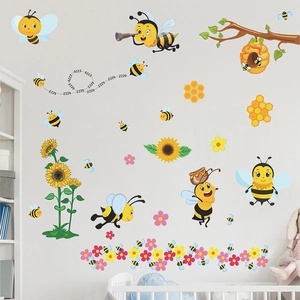 Stickers muraux abeilles de dessin animé pour chambre d'enfant avec tournesols et ruche