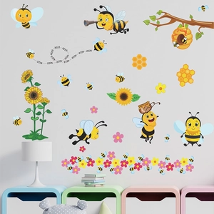 Stickers muraux abeilles cartoon avec tournesols pour déco de chambre d'enfant