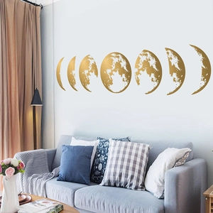 Vue détaillée de 7 stickers muraux phases de lune dorées avec finition vintage