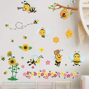 Stickers Muraux Abeille Tournesol Dessin Animé PVC Autocollants pour Chambre d'Enfant Chambre Décoration Maison Art Mural Décoratif