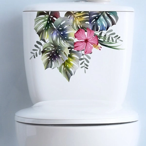 Tropical monstera leaves and pink hibiscus flower self-adhesive toilet seat decal sticker