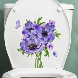 Waterproof toilet lid sticker featuring purple anemone flowers and butterflies for bathroom