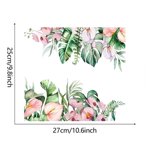 Detail view of tropical watercolor floral wall decals showing dimensions of 10.6 by 9.8 inches