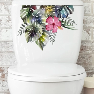 Tropical pink hibiscus and palm leaf self-adhesive wall stickers for bathroom decor