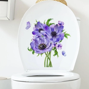 Waterproof purple flower and butterfly toilet lid decal for bathroom wall decoration