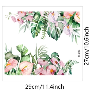 Macro detail of tropical watercolor wall stickers with monstera leaves and pink flowers