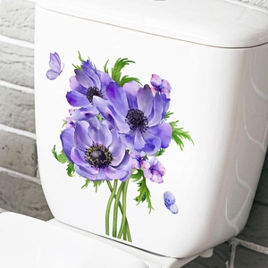 Waterproof tropical purple flower and butterfly wall stickers on white ceramic toilet tank