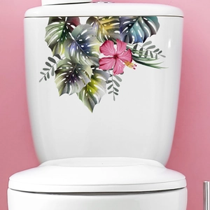 Tropical Flowers Leaves Toilet Sticker Waterproof PVC Monstera Hibiscus Pattern Bathroom Wall Decal Self Adhesive Home Decor