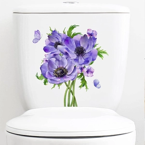 Waterproof tropical purple anemone flowers and butterflies wall decal for toilet decor