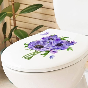 Purple Anemone Flowers And Butterfly Toilet Sticker PVC Waterproof Removable Floral Wall Decal For Bathroom Home Decor