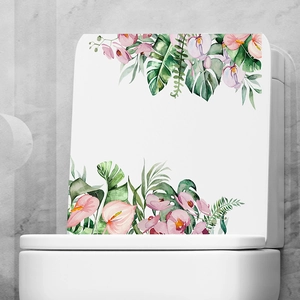 Tropical watercolor floral toilet lid sticker with monstera leaves and pink flowers decor