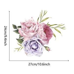 Détail de l'autocollant mural fleurs avec roses roses et feuilles vertes en 24x27 cm