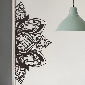 Sticker mural mandala noir en demi-cercle pour décoration de salon et de chambre à coucher