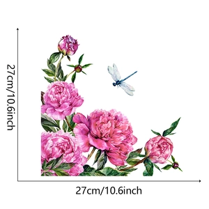 Detail showing 27x27cm watercolor pink peony flower and dragonfly bathroom wall sticker