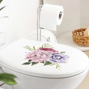 Sticker pour abattant de WC avec roses en fleurs et feuilles vertes pour déco intérieure