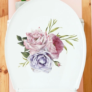 Sticker WC fleurs tropicales aquarelle avec roses roses et feuilles vertes sur couvercle