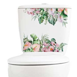 Watercolour tropical green leaves and pink flowers self-adhesive toilet seat wall sticker