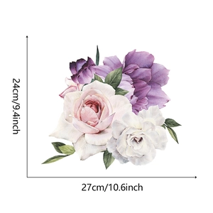 Detailed view of floral watercolor wall decals showing pink roses and purple flowers