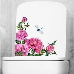 Adhesive bathroom toilet sticker featuring pink peony flowers and a blue dragonfly