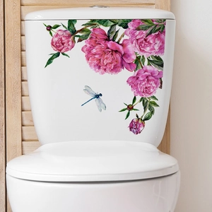 Self-adhesive floral toilet wall sticker featuring pink peonies and a blue dragonfly
